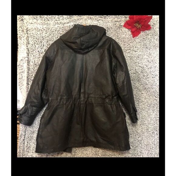 KC Collections Women's Vintage Black Leather Jacket with Hoodie Size S - Picture 8 of 10